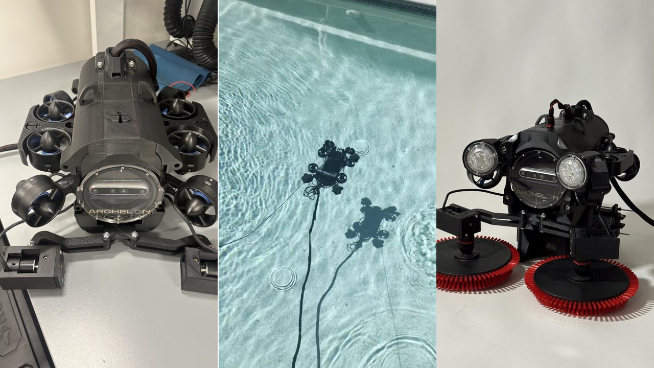 Archelon ROV on the bench, in the pool from above, and fitted with hull-cleaning brushes