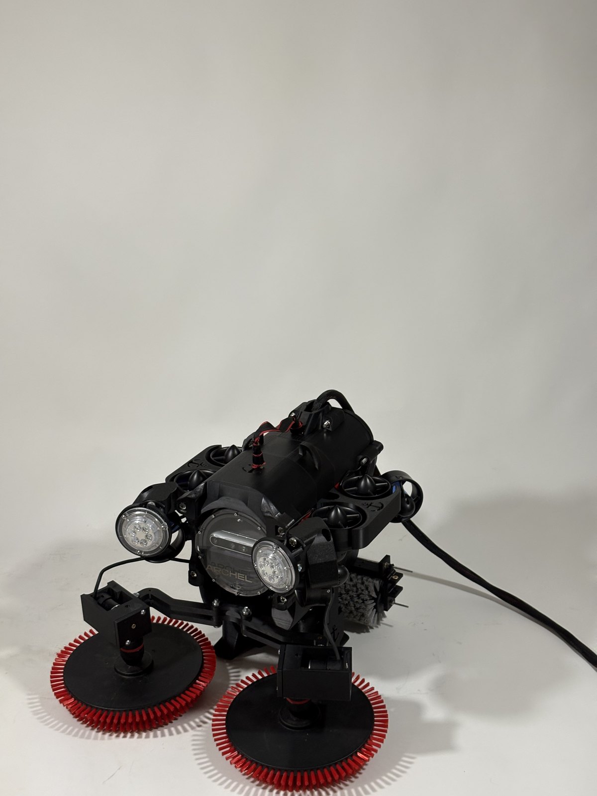Three-quarter view of the vehicle with tether attached